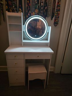 White Makeup Vanity with LED Mirror and Stool