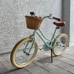 24” Girls Youth Beach Cruiser Bike with Wicker Basket, Kickstand & Old Fashion Bell in Mint