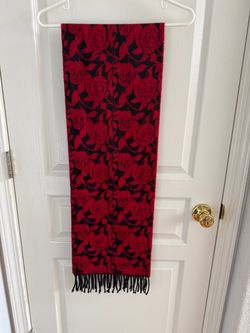 Cejon Red and Black Rose Pattern Oblong Woven Fringed Italian Scarf Made of 100% Soft Italian Acrylic