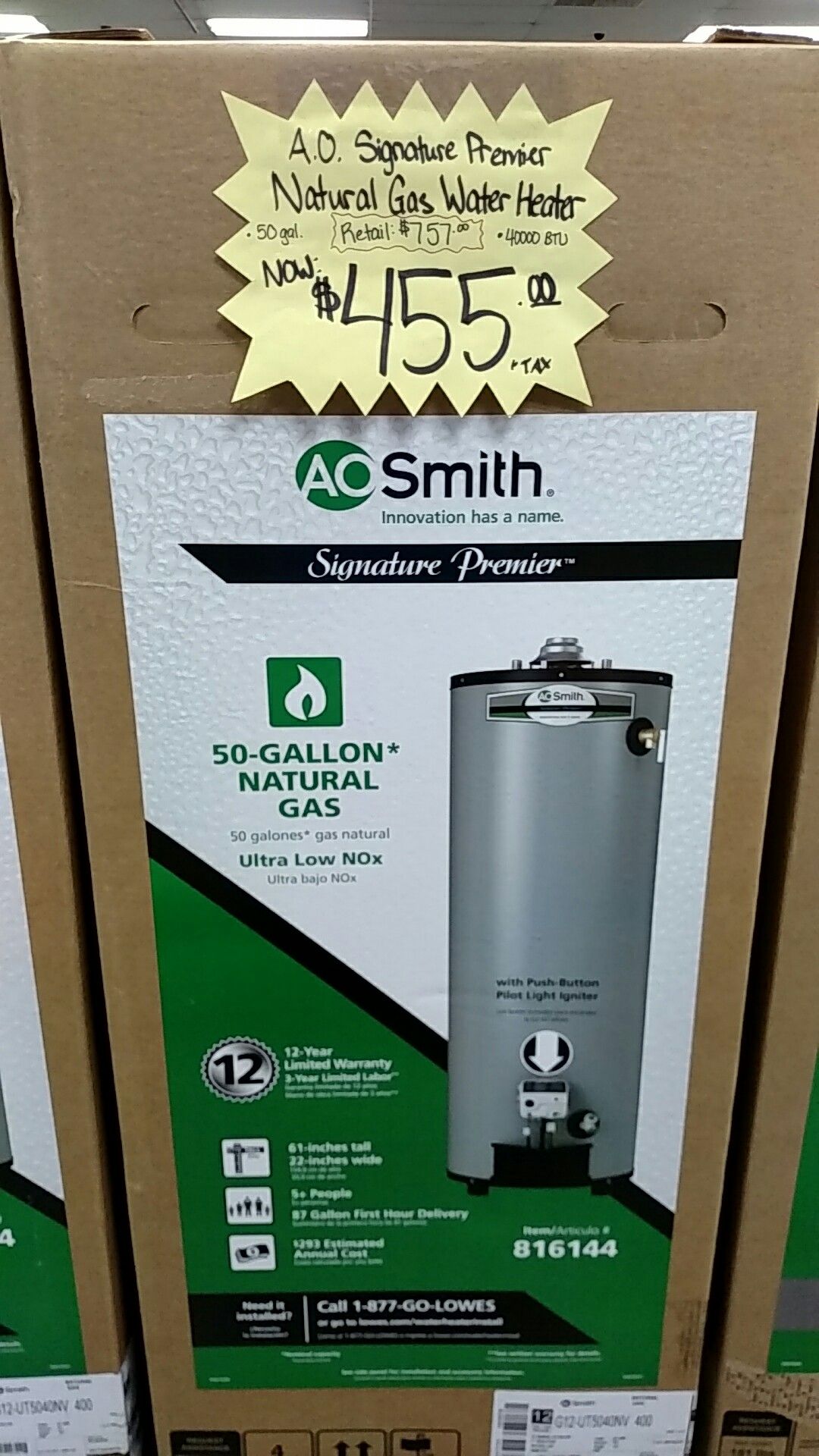 AO Smith Premier natural gas water heater 50 gallon