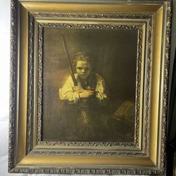 Reproduction Of Rembrandt, A Girl With A Broom, Antique Wood Frame 34.5” X 31“