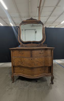 Antique Carved Oak Dresser with Ornate Mirror