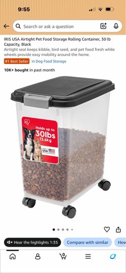IRIS USA Airtight Pet Food Storage Rolling Container, 30lb Capacity, Black Airtight seal keeps kibble, bird seed, and pet food fresh while wheels prov