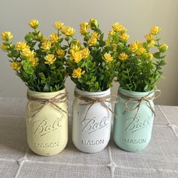 Chalk Painted & Distressed Mason Jar Vases 3 For $18
