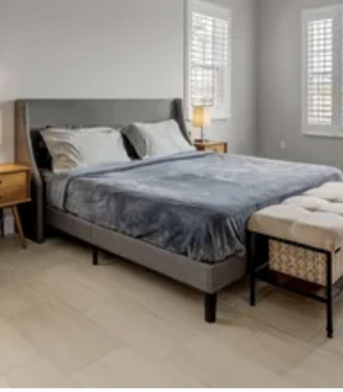 Low Profile Grey Platform King bed frame With Headboard