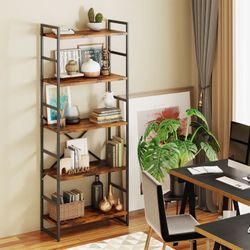 New 5 Tier Shelving Unit, Freestanding Bookcase Organizer, Farmhouse Kitchen Ladder Shelves, Rustic Wood Open Shelves, Metal Frame, Storage Rack  New 