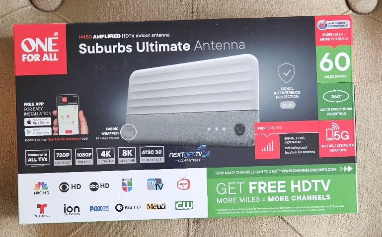 One For All Suburbs Indoor Digital TV Antenna, 0-60 Mile Range. New In Box