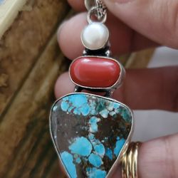 Silver Pendant With Natural Pearl And Turquoise 