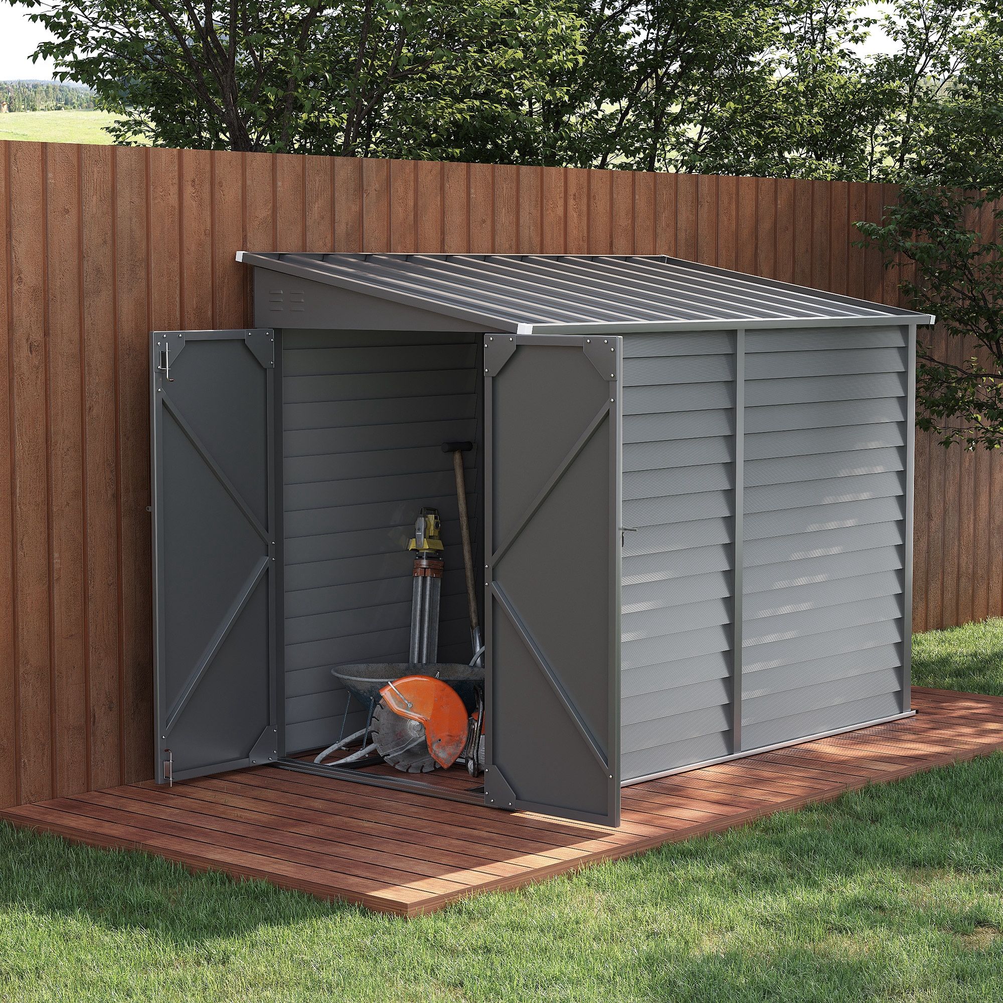 4.6' x 9' Outdoor Storage Shed, Lean to Metal Shed with Foundation Kit, Lockable Doors and Gloves for Patio, Lawn, Gray