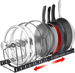 Pot Rack Organizer - Expandable Pots and Pans Organizer with 2 Size Dividers,Length Max to 22.4 inches 10+ Pot Lid Holder,Black Stainless Steel Pans O