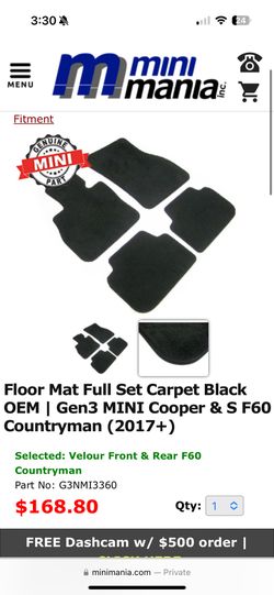 2022 Mini Cooper S FLOOR MATS CARPET BRAND NEW!