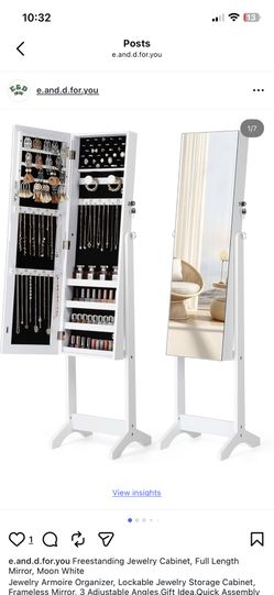Freestanding Jewelry Cabinet, Full Length Mirror, Moon White Jewelry Armoire Organizer, Lockable Jewelry Storage Cabinet, Frameless Mirror, 3 Adjustab