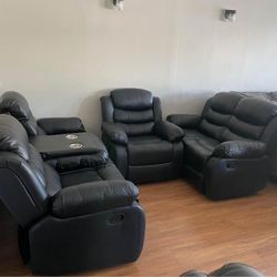 ✨ Brand New Black Leather Recliner Sofa + Loveseat W/ Cup Holders - Optional Recliner Chair | Pay After Delivery 🚚