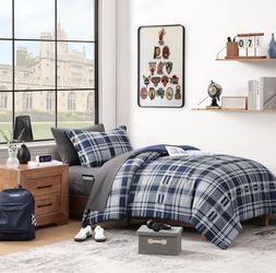 Plaid Twin XL Comforter Set Navy Blue 5 Pieces Dorm Bed in a Bag - B345