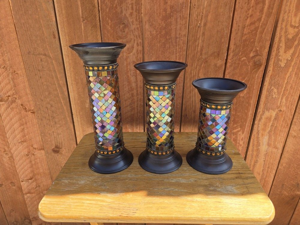 Set of 3 Partylite Glass Mosaic Candle Holder Pillars 