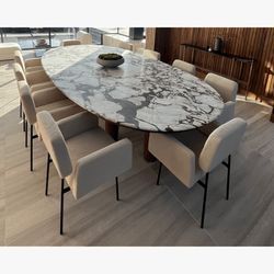 Designers Oval Marble Dining Table w Wood Base