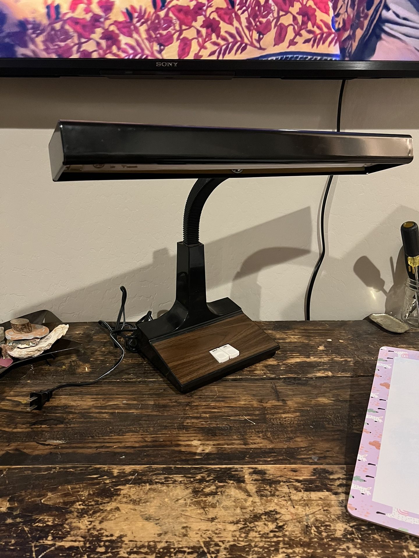 Vintage 70s Gooseneck Black Wood Grain Push Button Desk Lamp