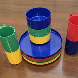 Vintage Vignelli Heller Colorful Stacking Cups and Plates Set -4 place settings