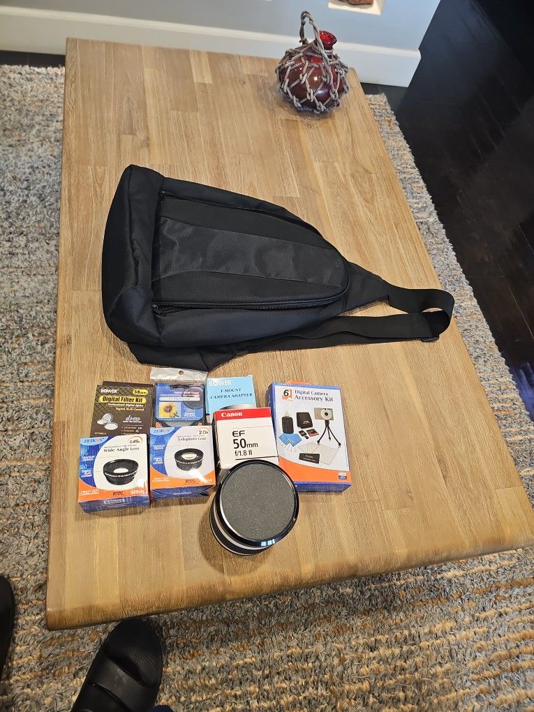 Camera Lenses And Shoulder Pack