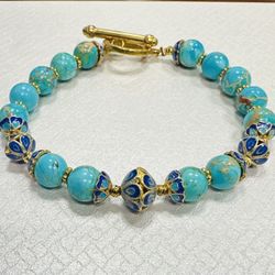  Handmade Bracelet with Genuine African Turquoise and Enameled Silver