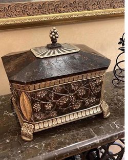 HEAVY Vintage Decorative Box with Grapevine Motif & Pineapple Finial