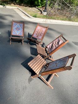 Lot of 4 Antique Handmade Wood Leather Embroidered Folding Chair Geometric