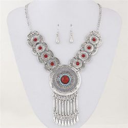 Ladies Red Turquoise Bib And Earrings Vintage Design Jewelry Set Ethnic Western Style