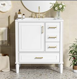 30" Modern Bathroom Vanity Ceramic Basin Gold Handles White