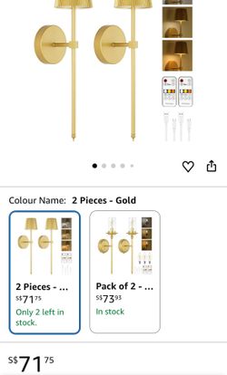 Indoor Wall Light without Power Connection, Pack of 2 Rechargeable Wall Lamp Gold with 5200 mAh Battery and Remote Control, Indoor Wireless Wall Light