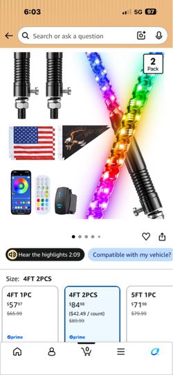 Ehaho 4ft RGBW LED Whip Lights (2 Pack)