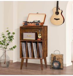 Mid-Century Modern Record Player Stand with Vinyl Storage