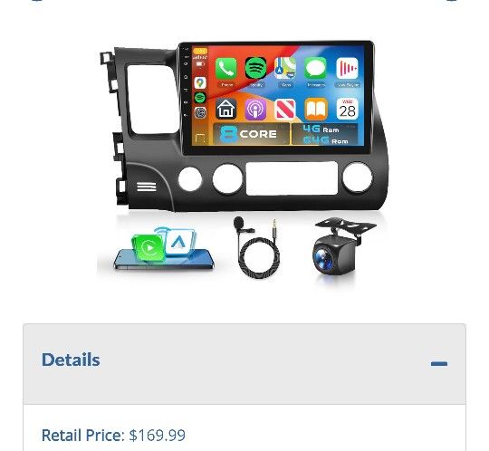 Lot # SN8739: 5G WiFi 8Core 4G 64G Radio for Honda Civic 1 Car Stereo with 101inch 1280x720P QLED Touch Screen 51Bluetooth DSP FMRDS Wireless C