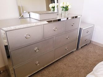 Mirrored dresser, mirror & nightstand