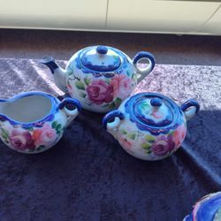 VINTAGE HAND PAINTED COBALT BLUE  ROSE TEAPOT W/ CREAM & SUGAR JAPAN
