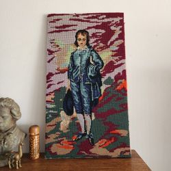 Vintage The Blue Boy Handmade Needlepoint Wall Hanging Art Tapestry