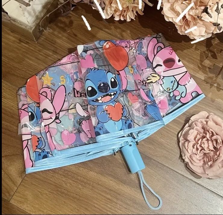 Brand New Unopened Disney 1pc Stitch Transparent Umbrella - Easy Fold & Compact, Durable 8-Rib Iron Frame, PVC Clear Material, Manual Open, Dual Use f