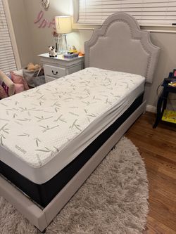 Twin Upholstered Bed Frame with Nailhead Headboard