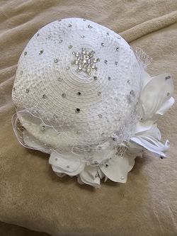 White Church Straw Hat With Rhinestone Detail