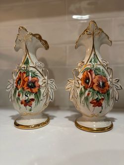 Pair of Porcelain Floral Vases with Gold Trim