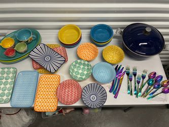 42 pieces colorful kitchen table plates bowls measuring nesting cups flatware