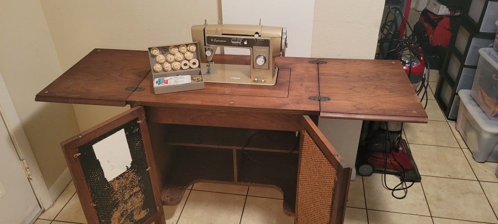 Antique Sewing Machine Table With Original Attachments