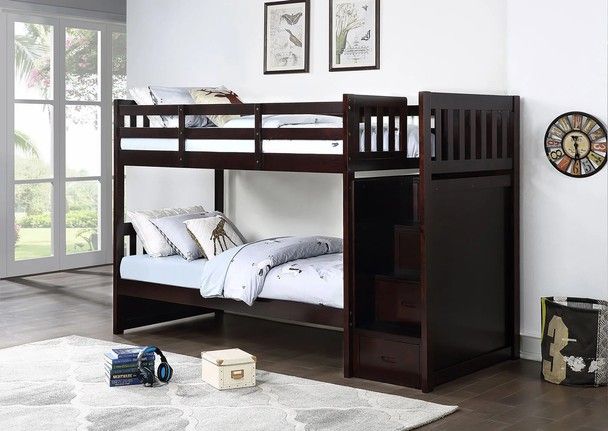 Twin / Twin Bunk Bed Frame Reversible Staircase with Drawers Espresso Finish