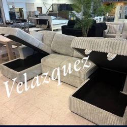 ✅️✅️3 pc Ash grey corduroy fabric sectional sofa with double storage chaise and pop up sleep area in center✅️