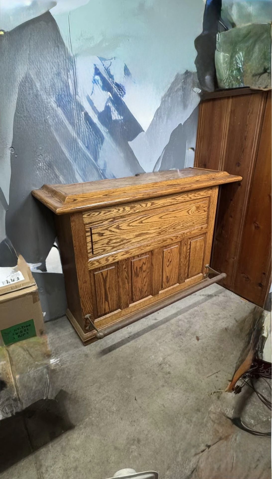 Solid Oak Standing Bar w/ Brass Foot Rail