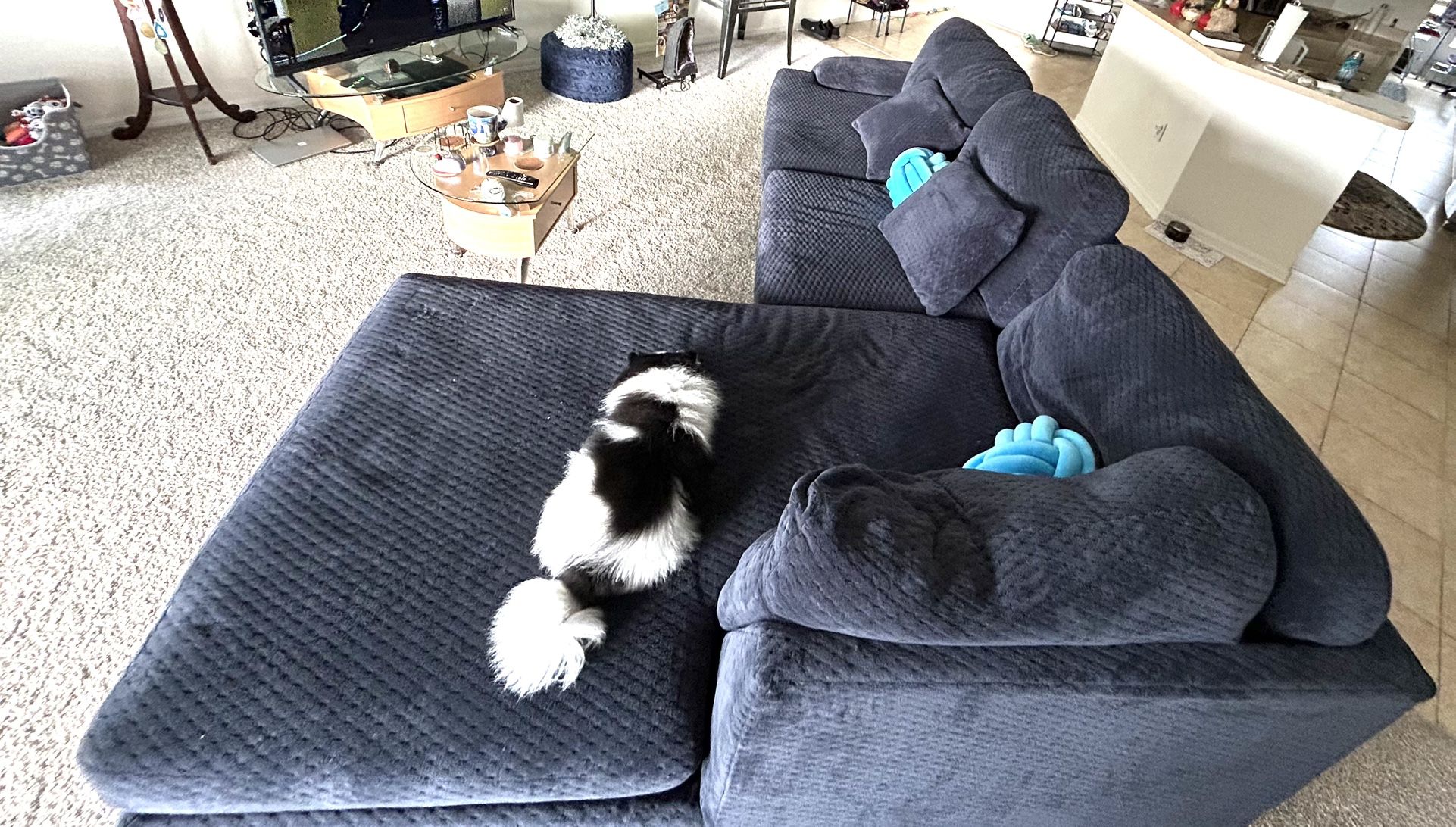 Large Sectional Sofa in Blue, In 2 Pieces, with 2 Pillows 