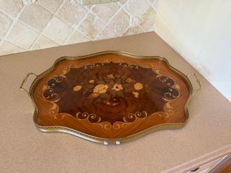 Italian Wood Inlay Tray with Brass—Vintage Vintage Italian Sorrento Marquetry Drinks Tray 16 x23 Smoke and pet free household