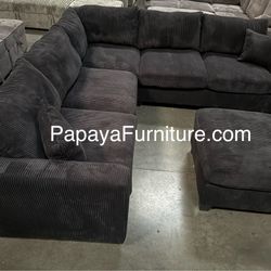 New! Black Sectional Sofa And Ottoman, Black Couch, Black Corduroy Sectional. L-Shaped Sofa, Couch, Sectionals, Black Sofa, Black Sectional,Plush Sofa