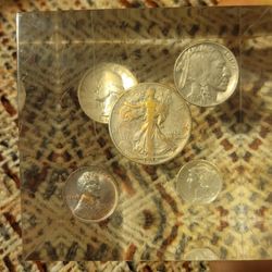 Rare Vintage 1936 Silver Coin Year Set  Encased in Lucite Cube 