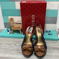 NWB Guess Wedges Sandals 10 M Blue Denim Brown Bows Slingback 