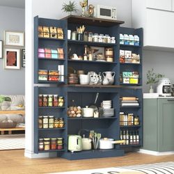 71" Tall Farmhouse Kitchen Pantry with 12 Side Shelves & Adjustable Shelves, 5 Layers Pantry Storage Cabinet w/Load-Bearing Steel Pipe & 4 Barn Doors 